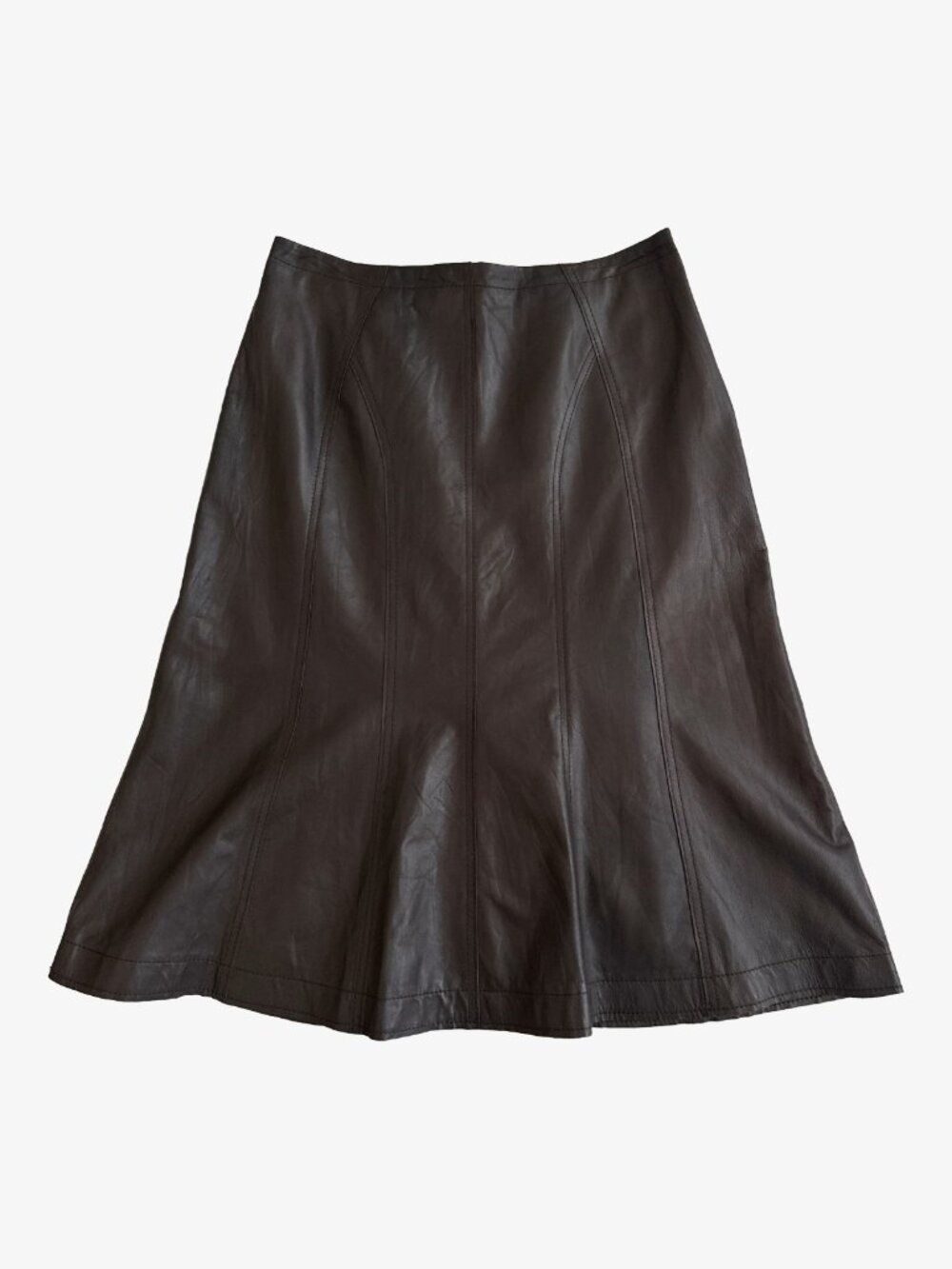 Vintage Japanese Brown Sheepskin Leather Flared Panel Skirt by 2nd Vaudeville